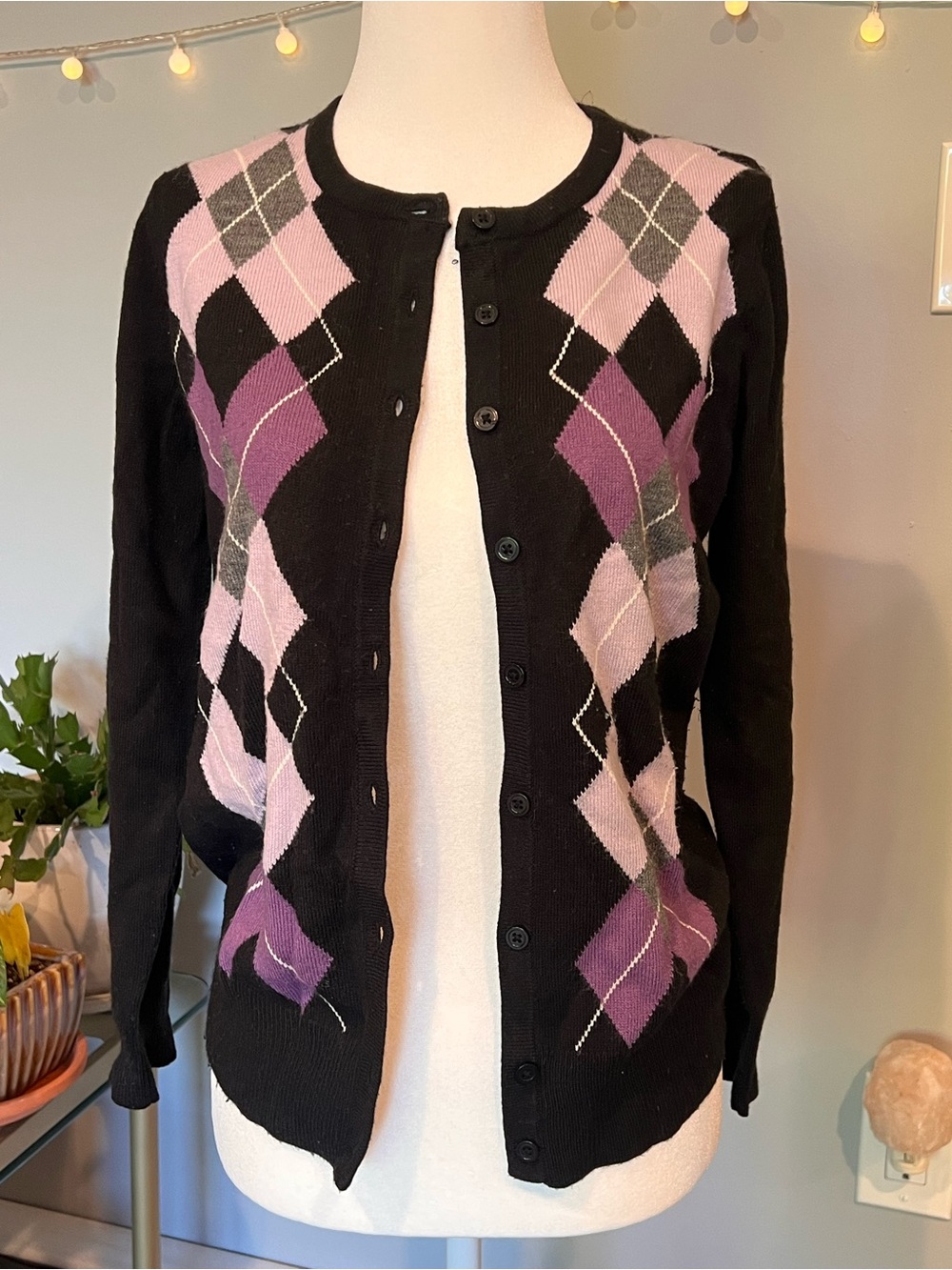 croft & barrow Black Cardigan with Pink and Purple Argyle